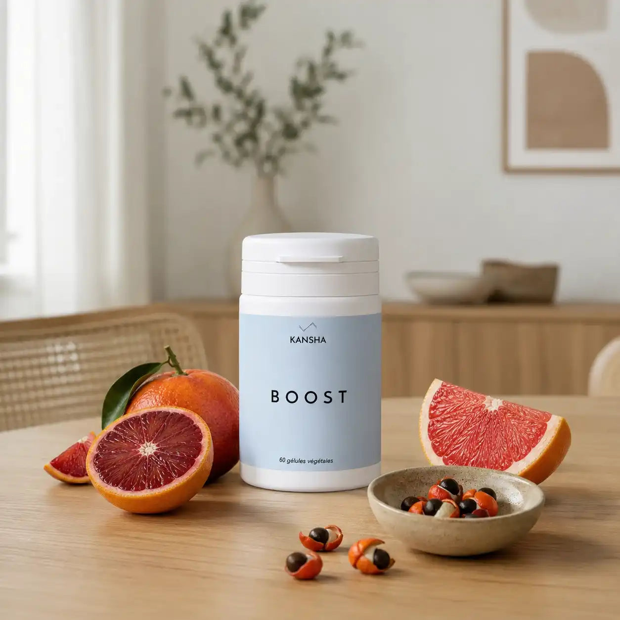 Complément alimentaire KANSHA BOOST – formule brevetée Sinetrol Xpur associant guarana, pamplemousse et orange sanguine pour la combustion des graisses et la vitalité