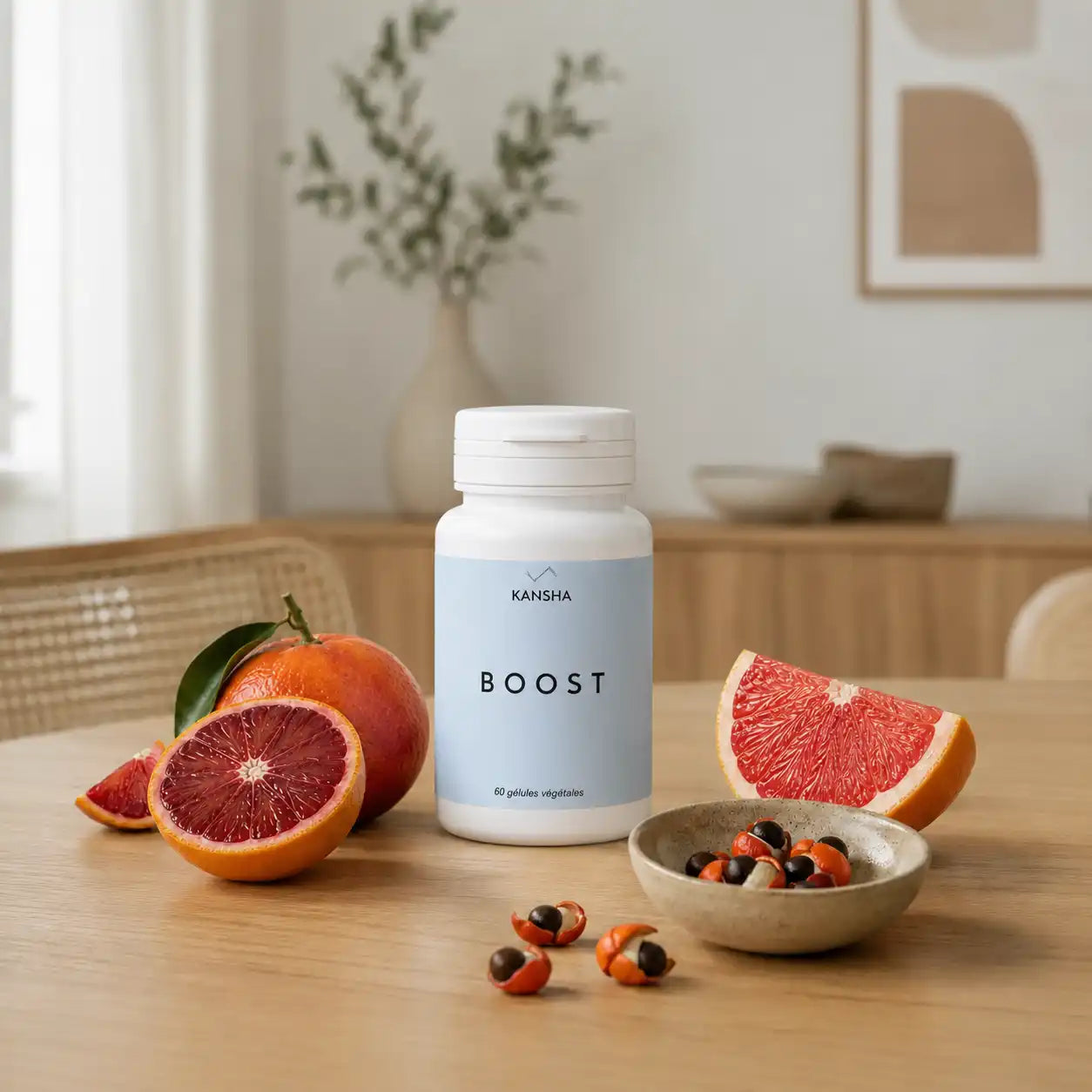 Complément alimentaire KANSHA BOOST – formule brevetée Sinetrol Xpur associant guarana, pamplemousse et orange sanguine pour la combustion des graisses et la vitalité