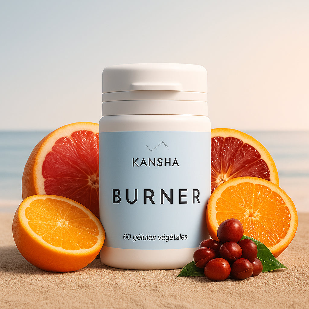 Complément alimentaire KANSHA BURNER – formule brevetée Sinetrol Xpur associant guarana, pamplemousse et orange sanguine pour la combustion des graisses et la vitalité