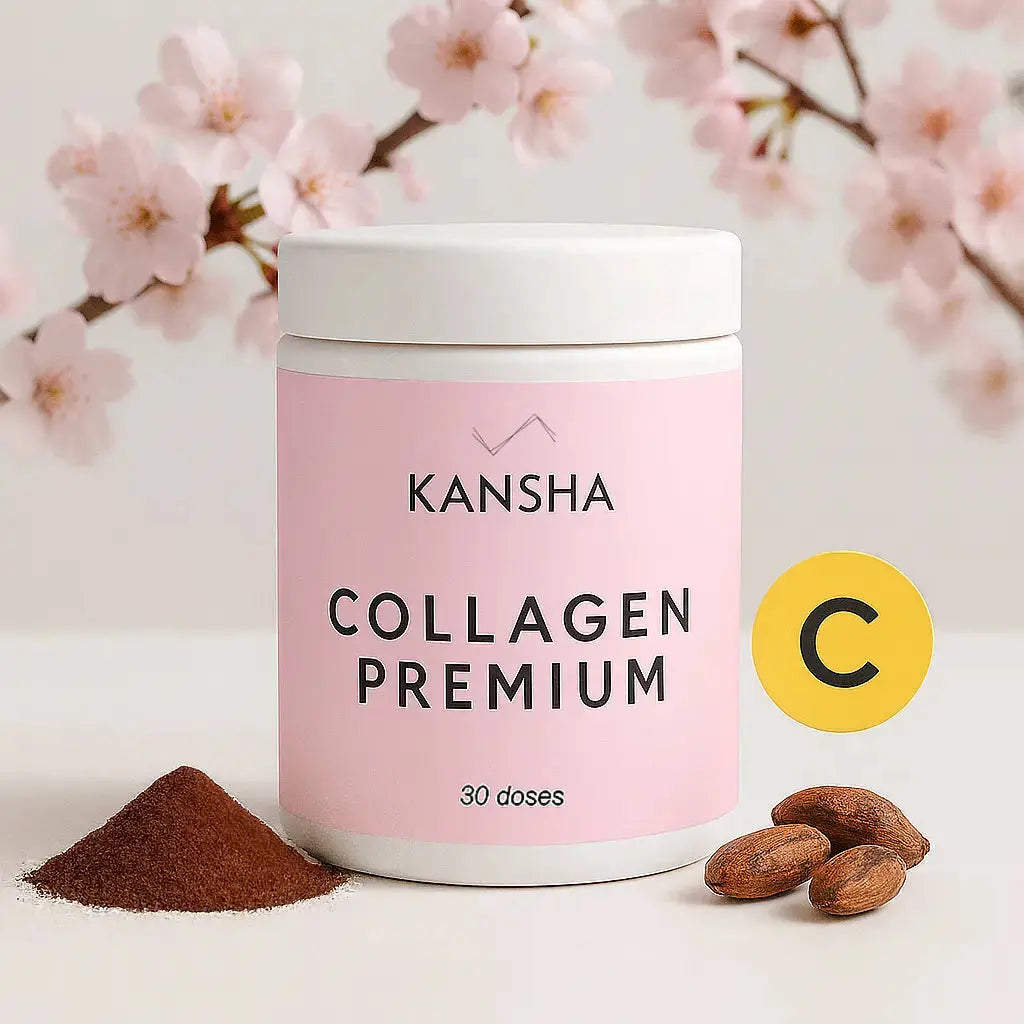 Complément alimentaire KANSHA COLLAGEN PREMIUM – collagène marin Peptan®, vitamine C et cacao maigre pour la beauté, l’élasticité et la fermeté de la peau