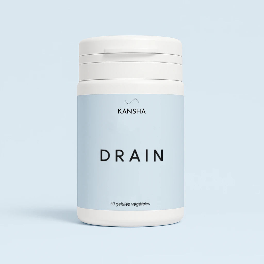 Complément alimentaire KANSHA DRAIN – queues de cerise, hibiscus, marc de raisin et framboise pour favoriser l’élimination et la légèreté corporelle