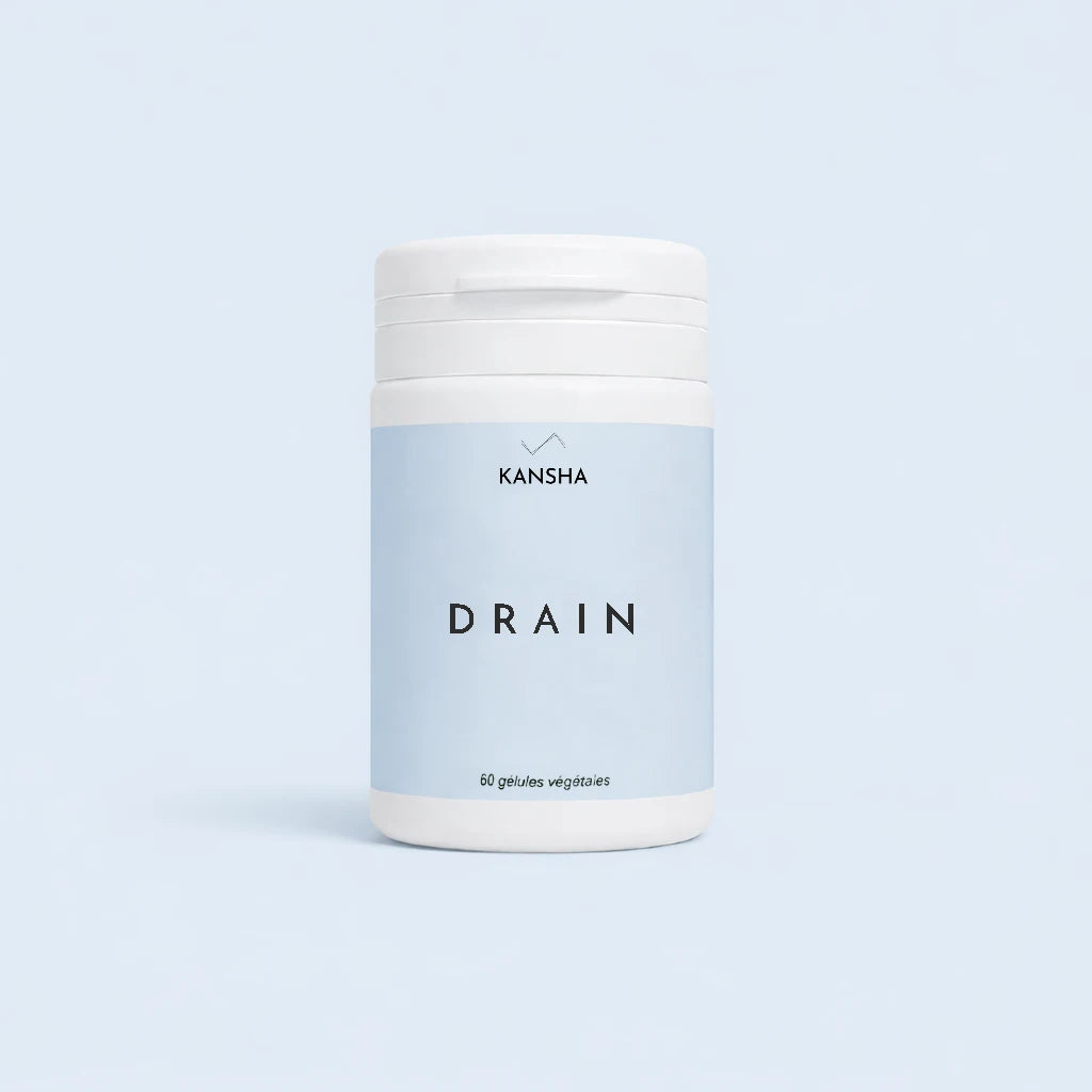 Complément alimentaire KANSHA DRAIN – queues de cerise, hibiscus, marc de raisin et framboise pour favoriser l’élimination et la légèreté corporelle