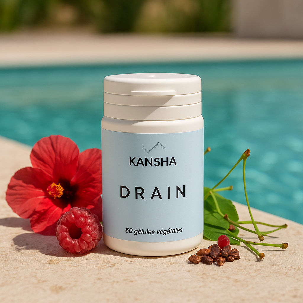 Complément alimentaire KANSHA DRAIN – formule drainante à base de queues de cerise, hibiscus, marc de raisin et framboise pour l’élimination et la légèreté corporelle
