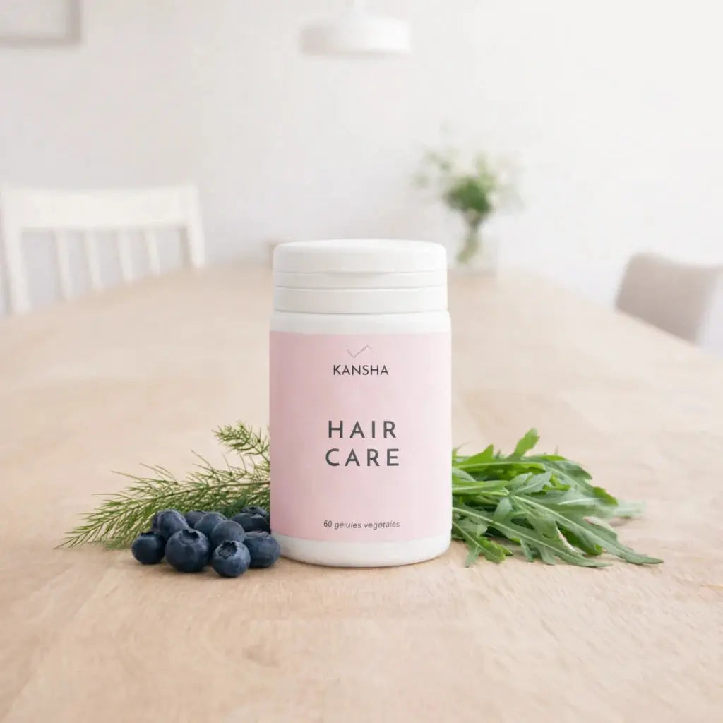 Complément alimentaire KANSHA HAIR CARE – roquette, myrtille, prêle, sélénium, acide folique, biotine, lysine et arginine pour la croissance et la fortification des cheveux
