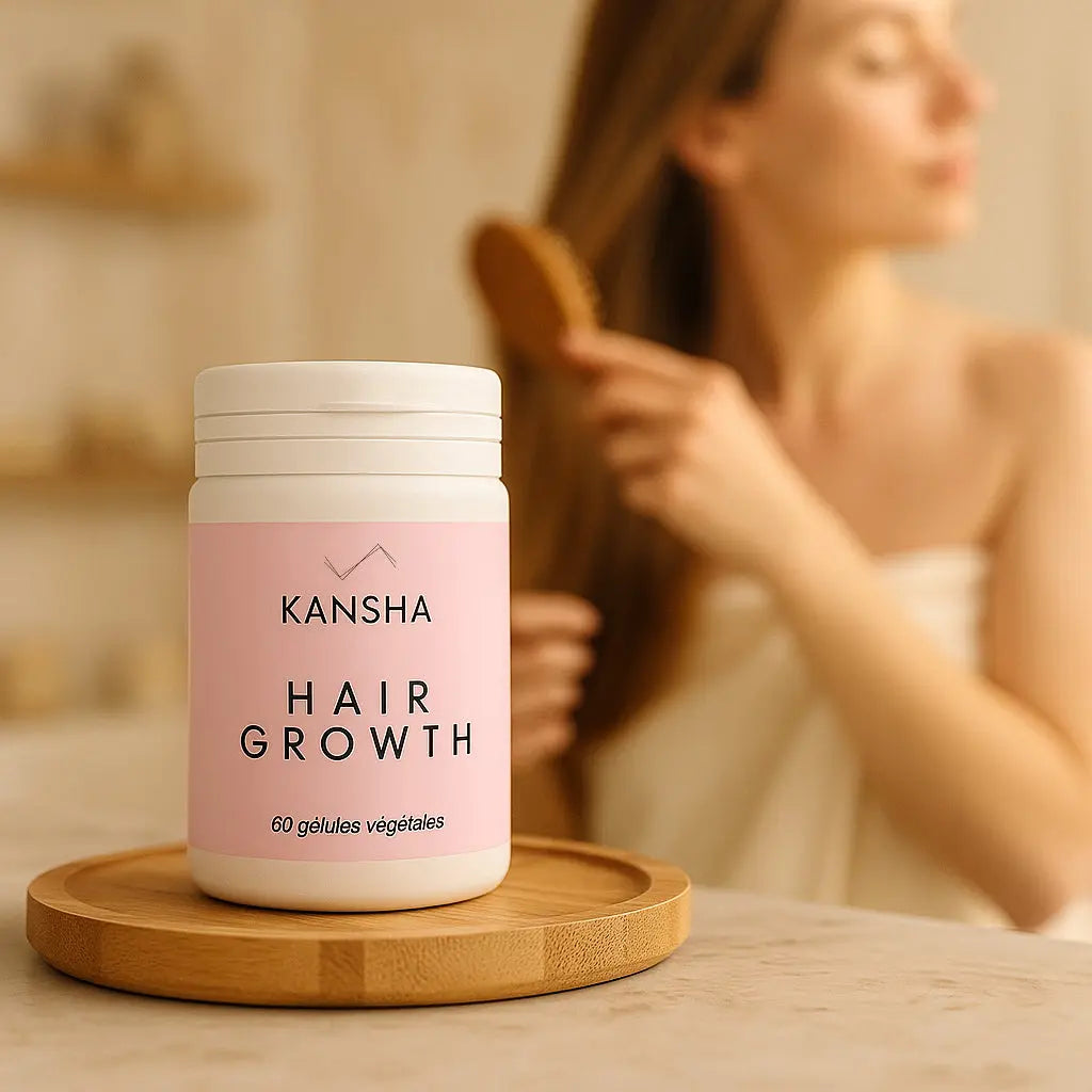 Complément alimentaire KANSHA HAIR GROWTH – roquette, myrtille, prêle, sélénium, acide folique, biotine, lysine et arginine pour la croissance et la fortification des cheveux