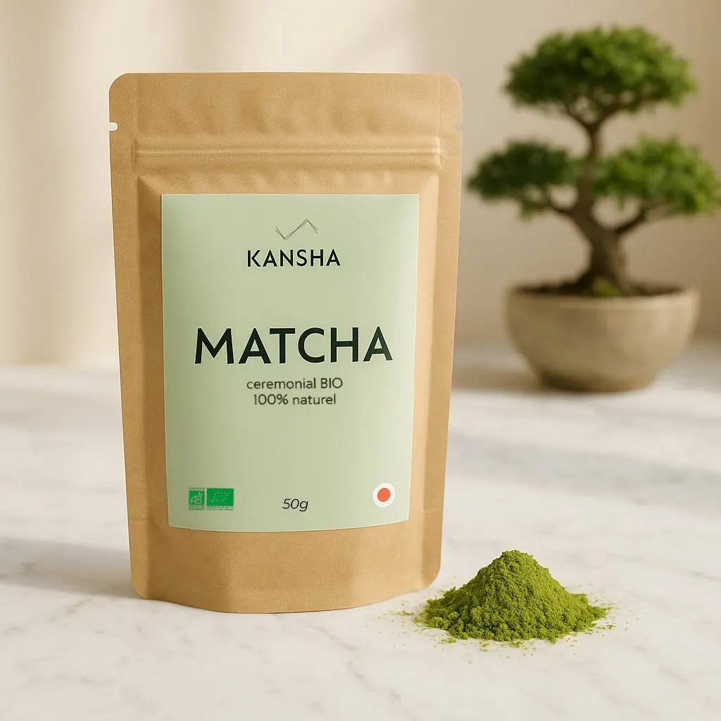 Thé vert bio KANSHA MATCHA – matcha 100 % pur issu de la première récolte Ichibancha au Japon, riche en antioxydants et en énergie naturelle
