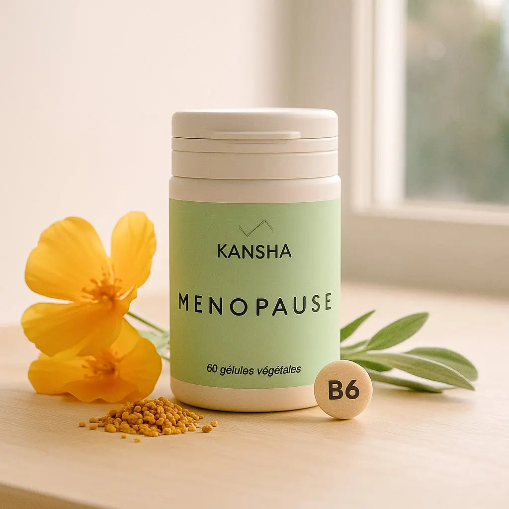 Complément alimentaire KANSHA MENOPAUSE – association de pollen, sauge, eschscholtzia et vitamine B6 pour le confort hormonal et l’équilibre féminin