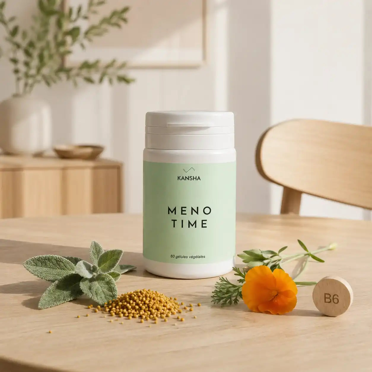 Complément alimentaire KANSHA MENO TIME – formule à base de pollen, sauge, eschscholtzia et vitamine B6 pour le confort hormonal et l’équilibre féminin
