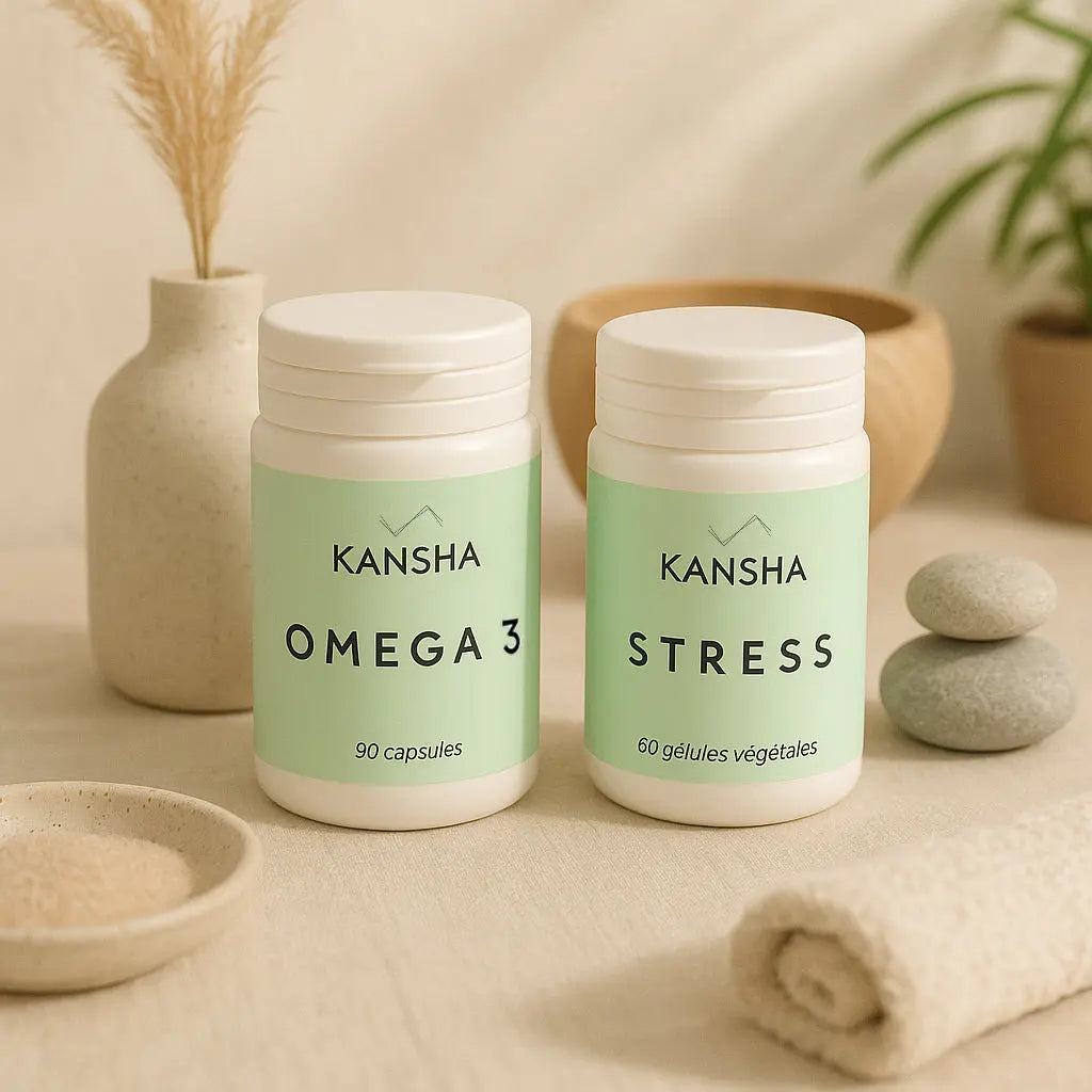 Compléments alimentaires KANSHA OMEGA 3 et STRESS – combinaison naturelle d’oméga-3, magnésium et plantes adaptogènes pour la détente, l’équilibre et la santé globale