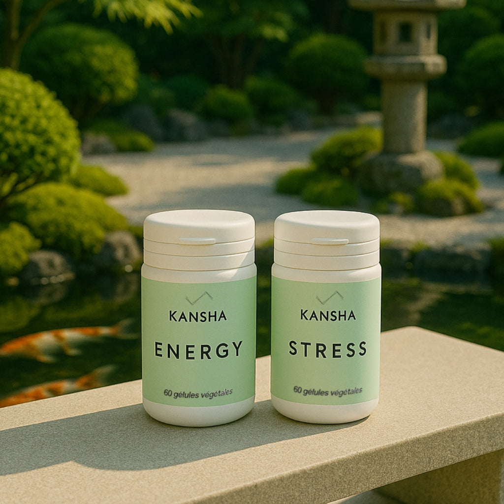 Compléments alimentaires KANSHA ENERGY et STRESS – duo naturel de vitamines, minéraux et plantes adaptogènes pour l’énergie, la détente et l’équilibre intérieur