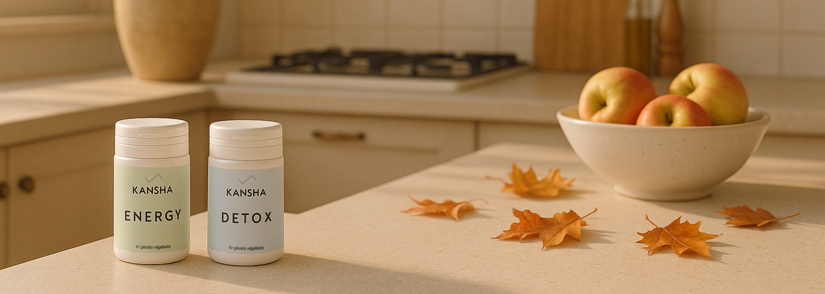 Compléments alimentaires KANSHA ENERGY et DETOX – vitalité et détox naturelles dans une ambiance automnale