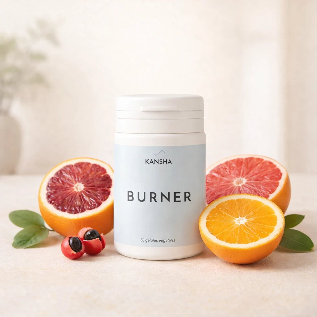 Complément alimentaire KANSHA BURNER – formule brevetée Sinetrol Xpur associant guarana, pamplemousse et orange sanguine pour la combustion des graisses et la vitalité