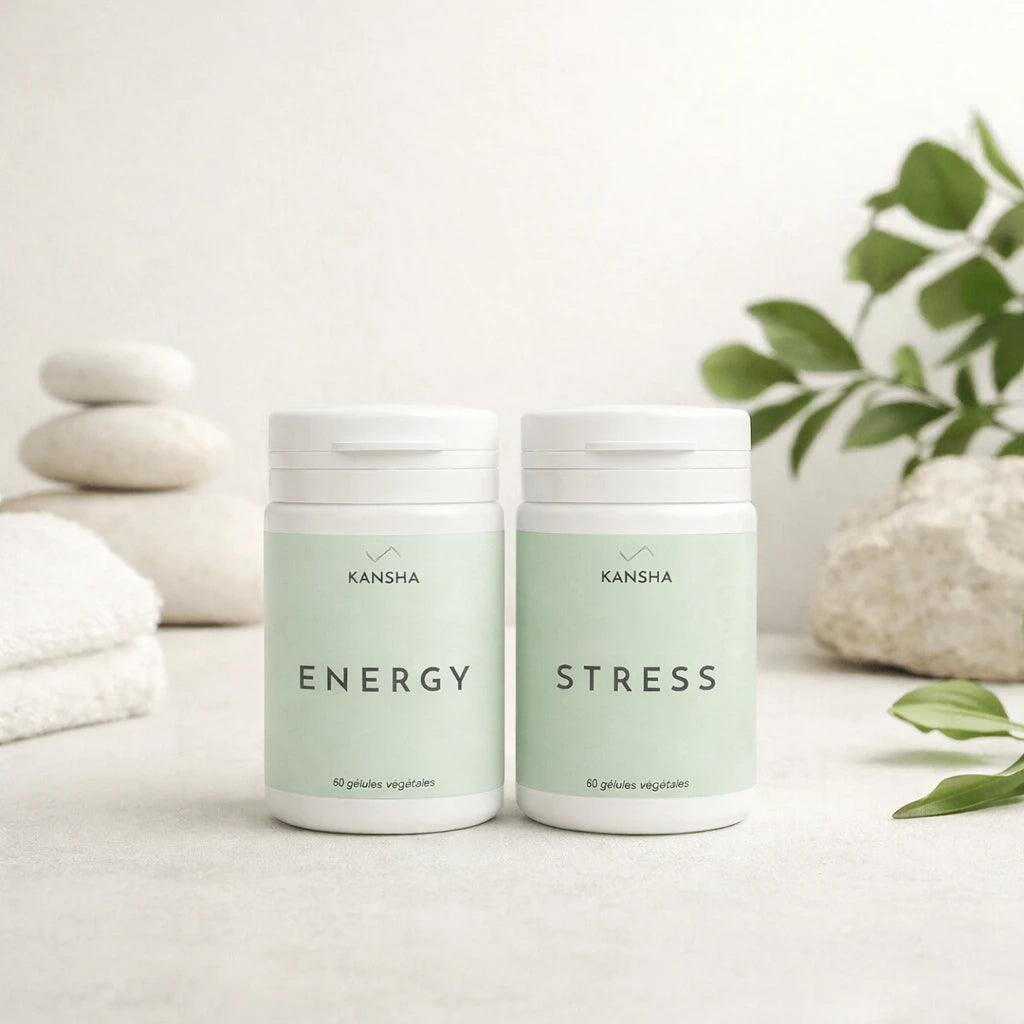 Compléments alimentaires KANSHA ENERGY et STRESS – combinaison naturelle de vitamines, minéraux et plantes adaptogènes pour vitalité, détente et équilibre du corps