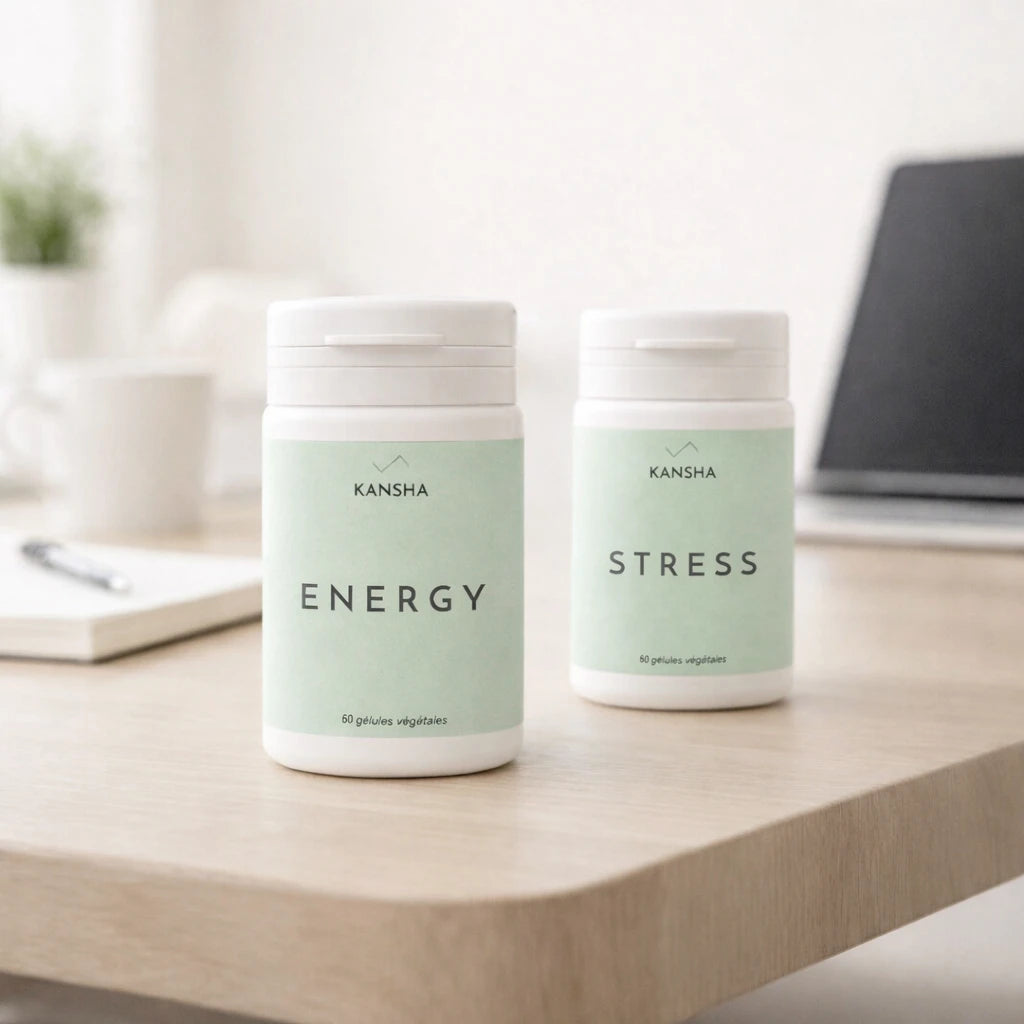 Compléments alimentaires KANSHA ENERGY et STRESS – combinaison naturelle de vitamines, minéraux et plantes adaptogènes pour vitalité, détente et équilibre du corps