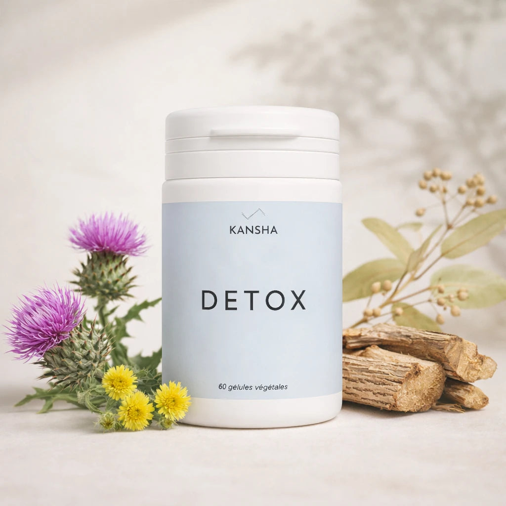 Complément alimentaire KANSHA DETOX – association de chardon-marie, piloselle et aubier de tilleul pour la détoxification du foie et l’élimination naturelle