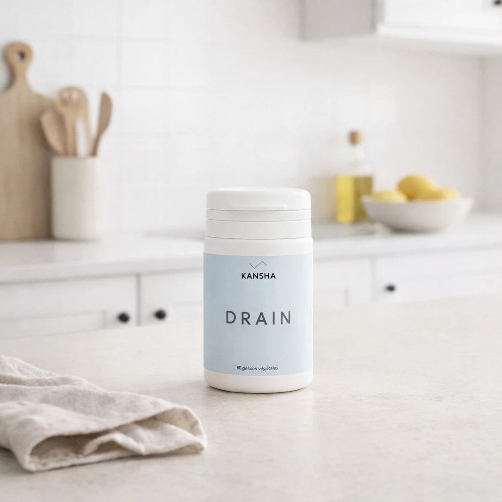 complément DRAIN de KANSHA à base de queues de cerise, hibiscus, framboise et marc de raisin contre la rétention d'eau