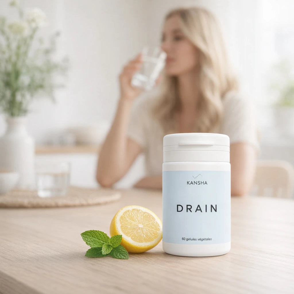 Complément alimentaire KANSHA DRAIN – queues de cerise, hibiscus, marc de raisin et framboise pour favoriser l’élimination et la légèreté corporelle