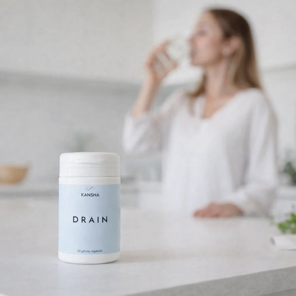 Complément alimentaire KANSHA DRAIN – queues de cerise, hibiscus, marc de raisin et framboise pour favoriser l’élimination et la légèreté corporelle