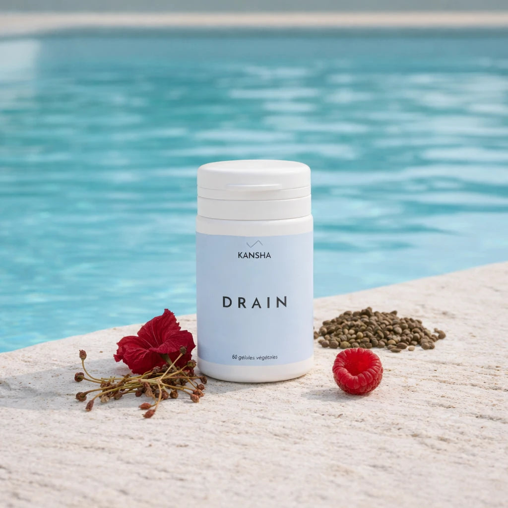 Complément alimentaire KANSHA DRAIN – queues de cerise, hibiscus, marc de raisin et framboise pour favoriser l’élimination et la légèreté corporelle