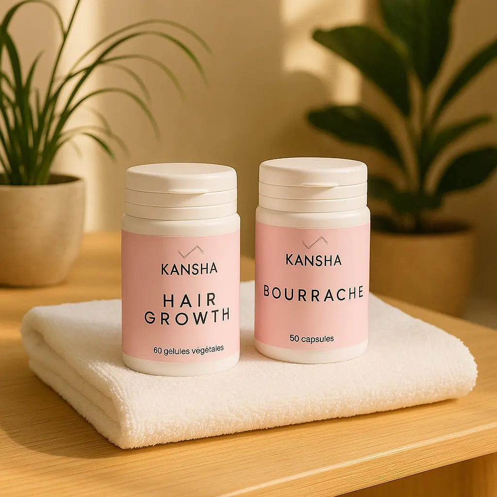 Compléments alimentaires KANSHA HAIR GROWTH et BOURRACHE – association naturelle pour la beauté, la croissance des cheveux et la santé de la peau