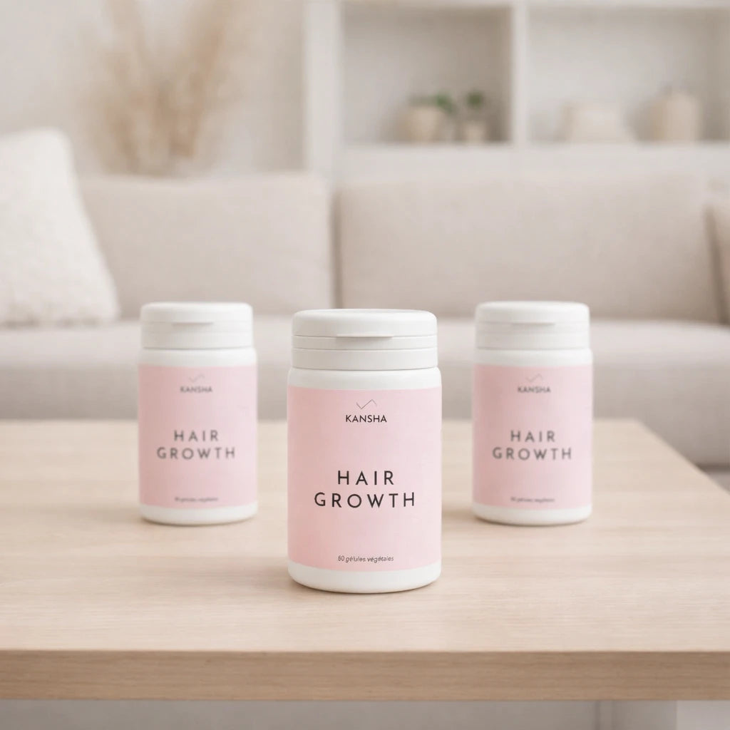 Complément alimentaire KANSHA HAIR GROWTH – cure complète naturelle pour la croissance, la fortification et la vitalité des cheveux