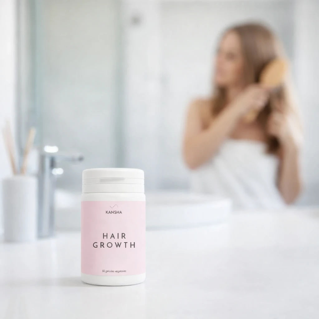 Complément alimentaire KANSHA HAIR GROWTH – roquette, myrtille, prêle, sélénium, acide folique, biotine, lysine et arginine pour la croissance et la fortification des cheveux