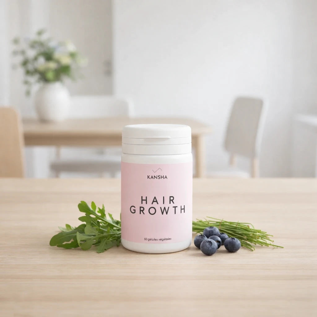 Complément alimentaire KANSHA HAIR GROWTH – roquette, myrtille, prêle, sélénium, acide folique, biotine, lysine et arginine pour la croissance et la fortification des cheveux