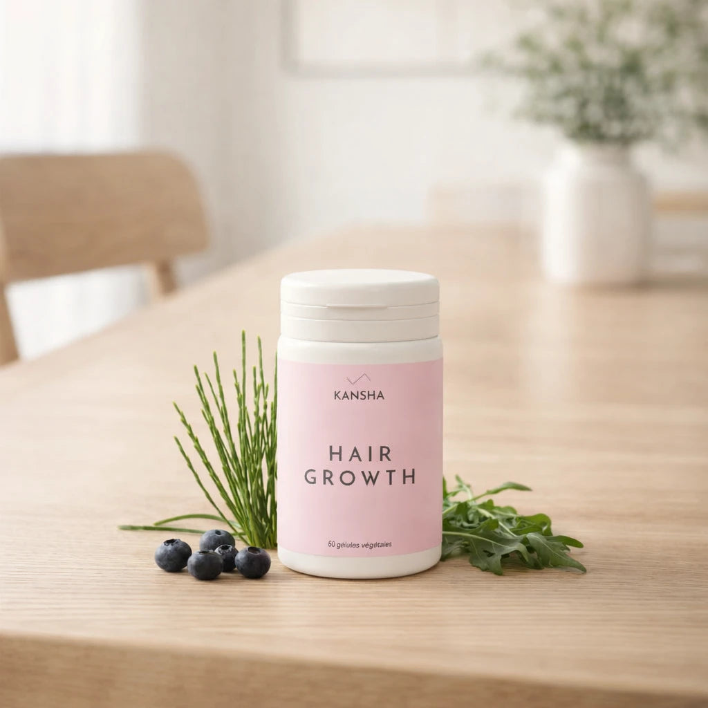 Complément alimentaire KANSHA HAIR GROWTH – roquette, myrtille, prêle, sélénium, acide folique, biotine, lysine et arginine pour la croissance et la fortification des cheveux