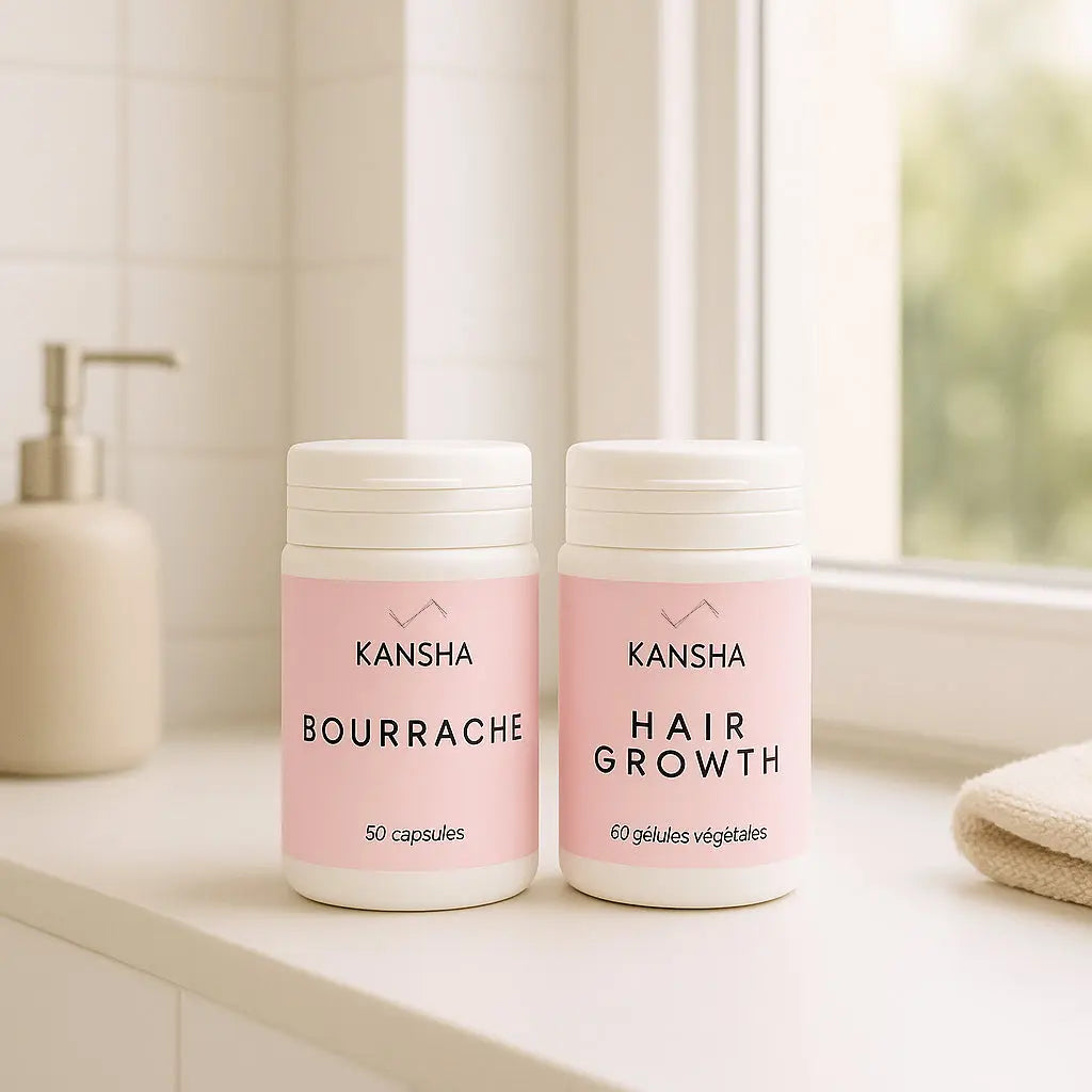 Compléments alimentaires KANSHA BOURRACHE et HAIR GROWTH – duo beauté naturel pour la santé de la peau, la croissance et la vitalité des cheveux
