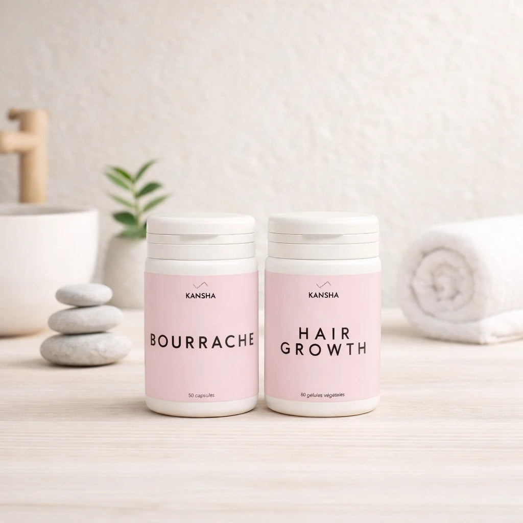 Compléments alimentaires KANSHA HAIR GROWTH et BOURRACHE – association naturelle pour la beauté, la croissance des cheveux et la santé de la peau