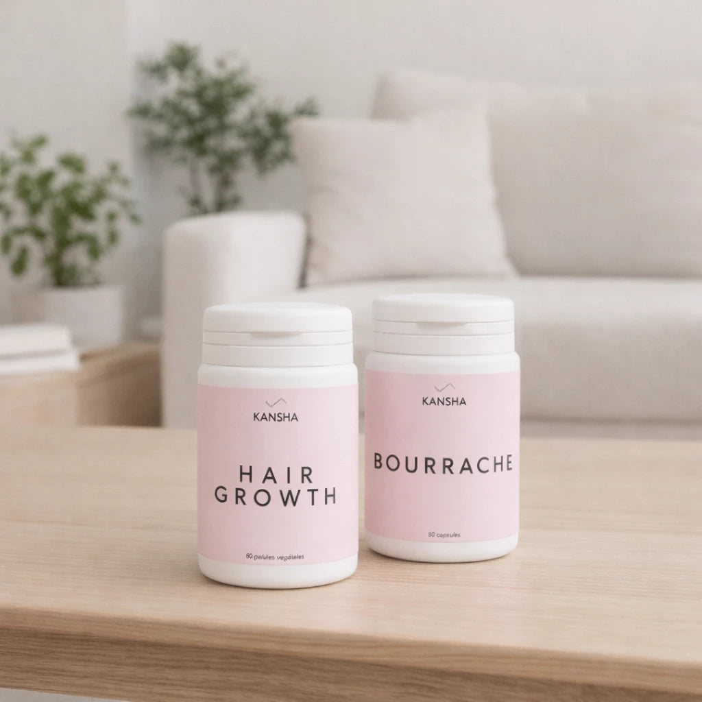 Compléments alimentaires KANSHA HAIR GROWTH et BOURRACHE – association naturelle pour la beauté, la croissance des cheveux et la santé de la peau