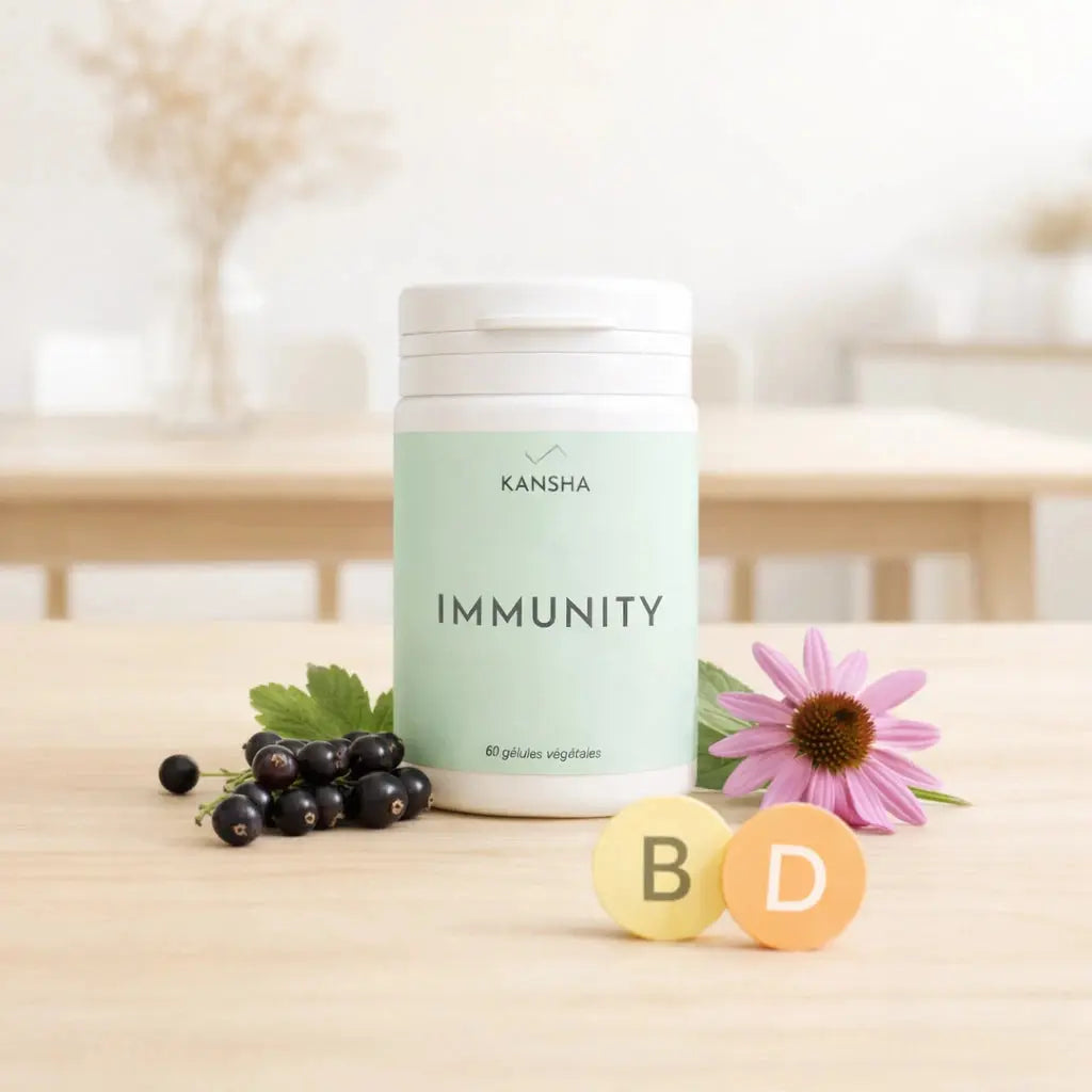 Complément alimentaire IMMUNITY KANSHA - extrait de cassis, échinacée et vitamine D pour soutenir l'immunité en hiver