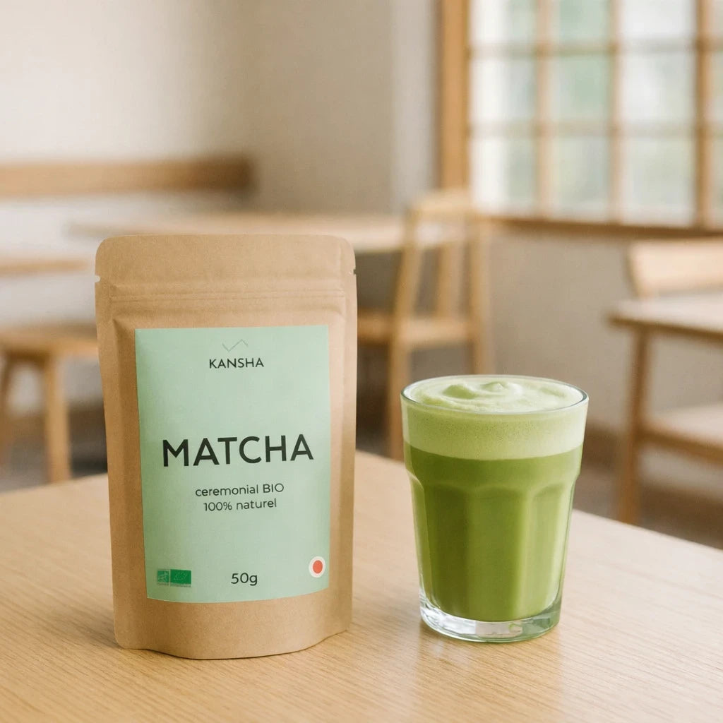 Thé vert bio KANSHA MATCHA – matcha 100 % pur issu de la première récolte Ichibancha au Japon, riche en antioxydants et en énergie naturelle