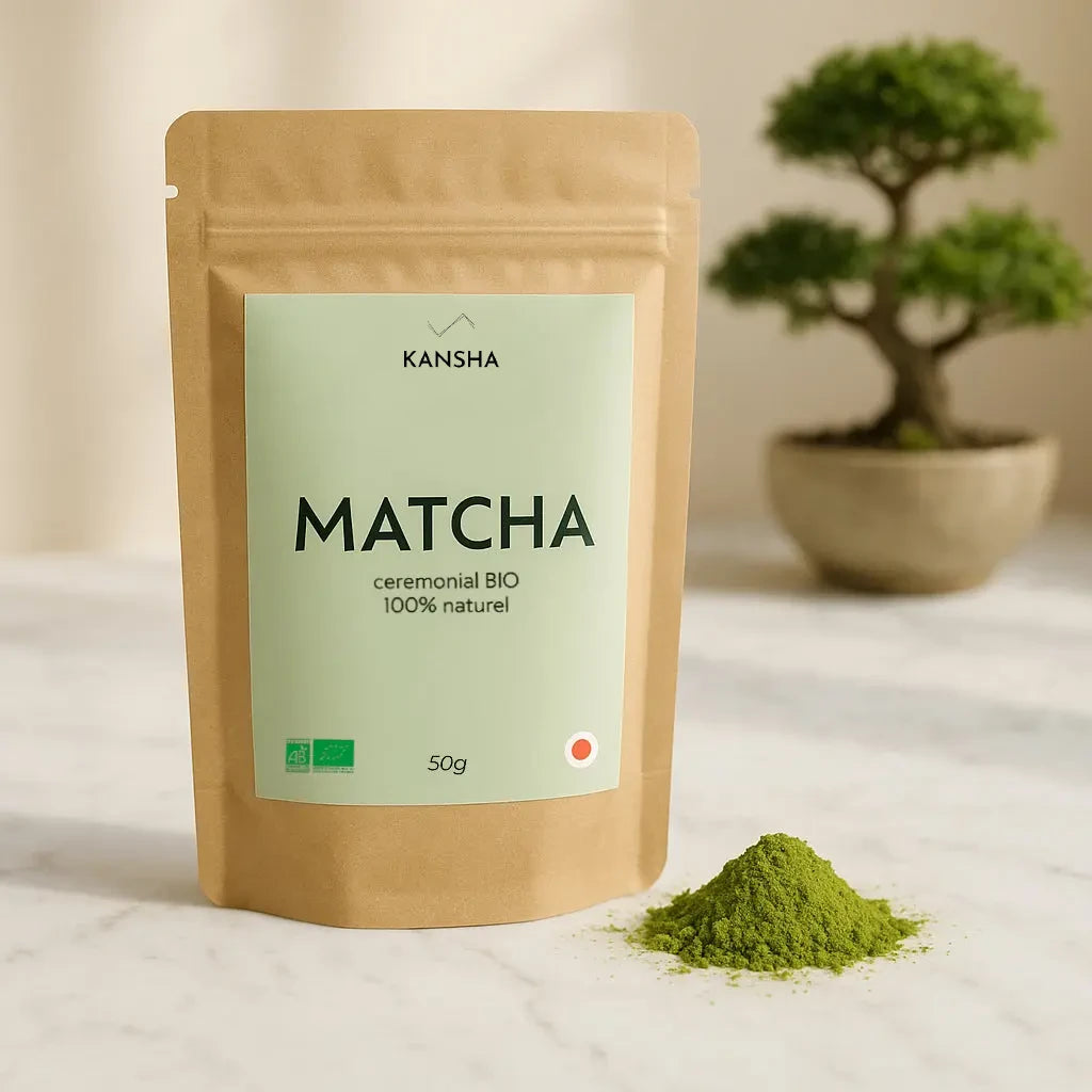 Thé vert bio KANSHA MATCHA – matcha 100 % pur issu de la première récolte Ichibancha au Japon, riche en antioxydants et en énergie naturelle