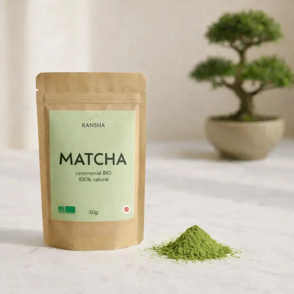 Thé vert bio KANSHA MATCHA – matcha 100 % pur issu de la première récolte Ichibancha au Japon, riche en antioxydants et en énergie naturelle