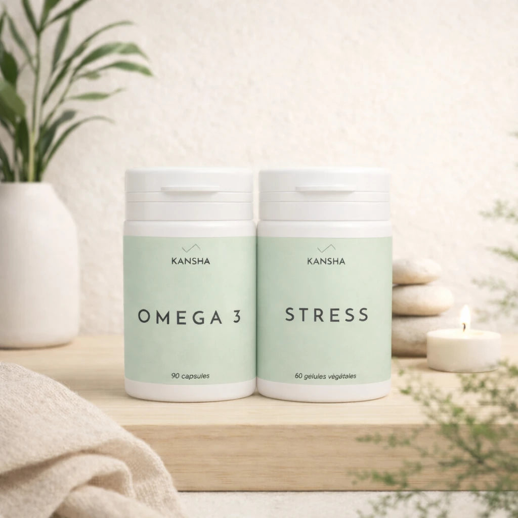 Compléments alimentaires KANSHA OMEGA 3 et STRESS – alliance naturelle d’oméga-3, magnésium et plantes adaptogènes pour le bien-être mental et la relaxation