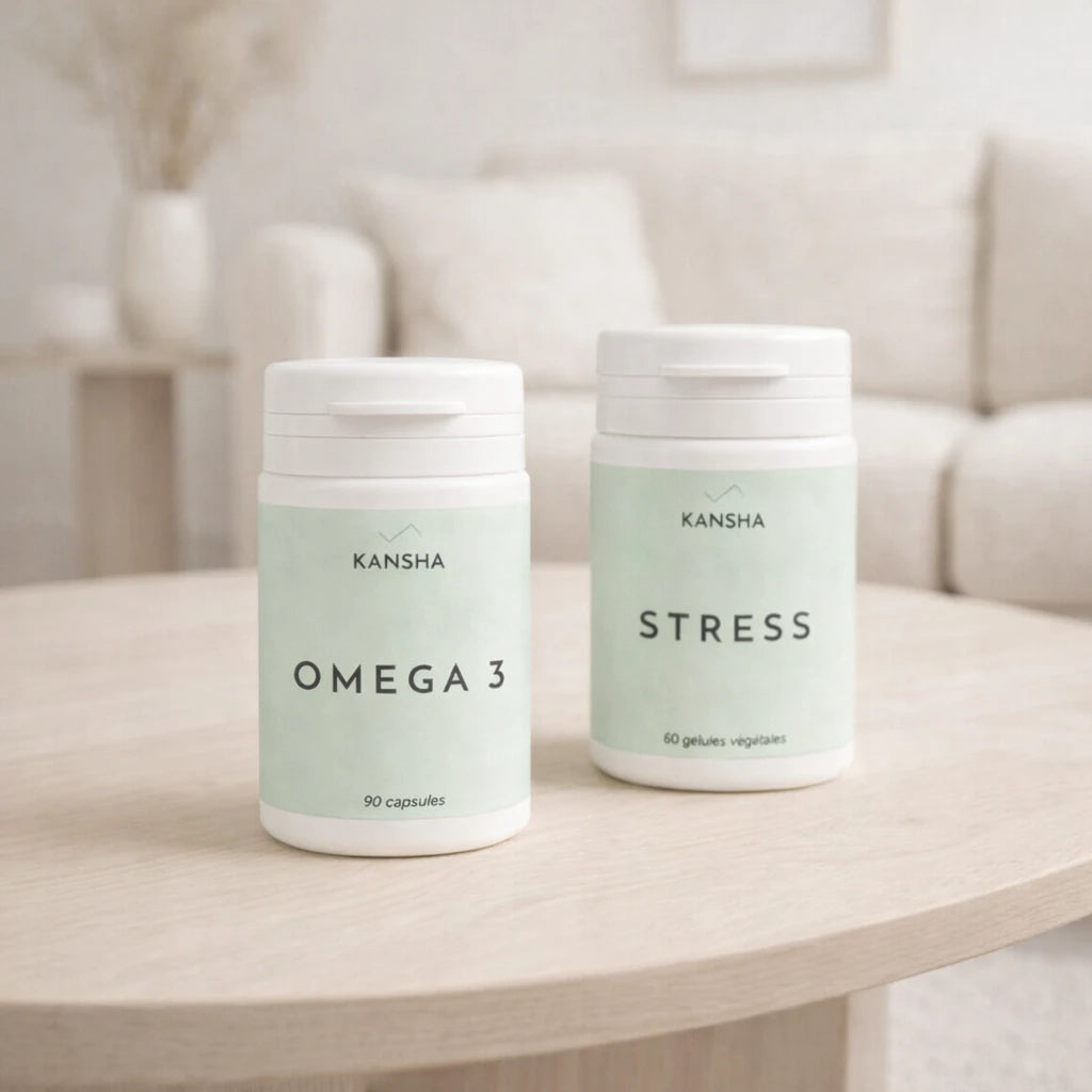Compléments alimentaires KANSHA OMEGA 3 et STRESS – alliance naturelle d’oméga-3, magnésium et plantes adaptogènes pour le bien-être mental et la relaxation