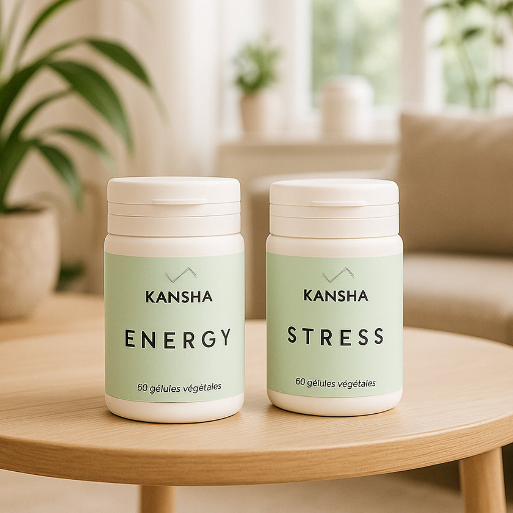 Compléments alimentaires KANSHA ENERGY et STRESS – combinaison naturelle de vitamines, minéraux et plantes adaptogènes pour vitalité, détente et équilibre du corps