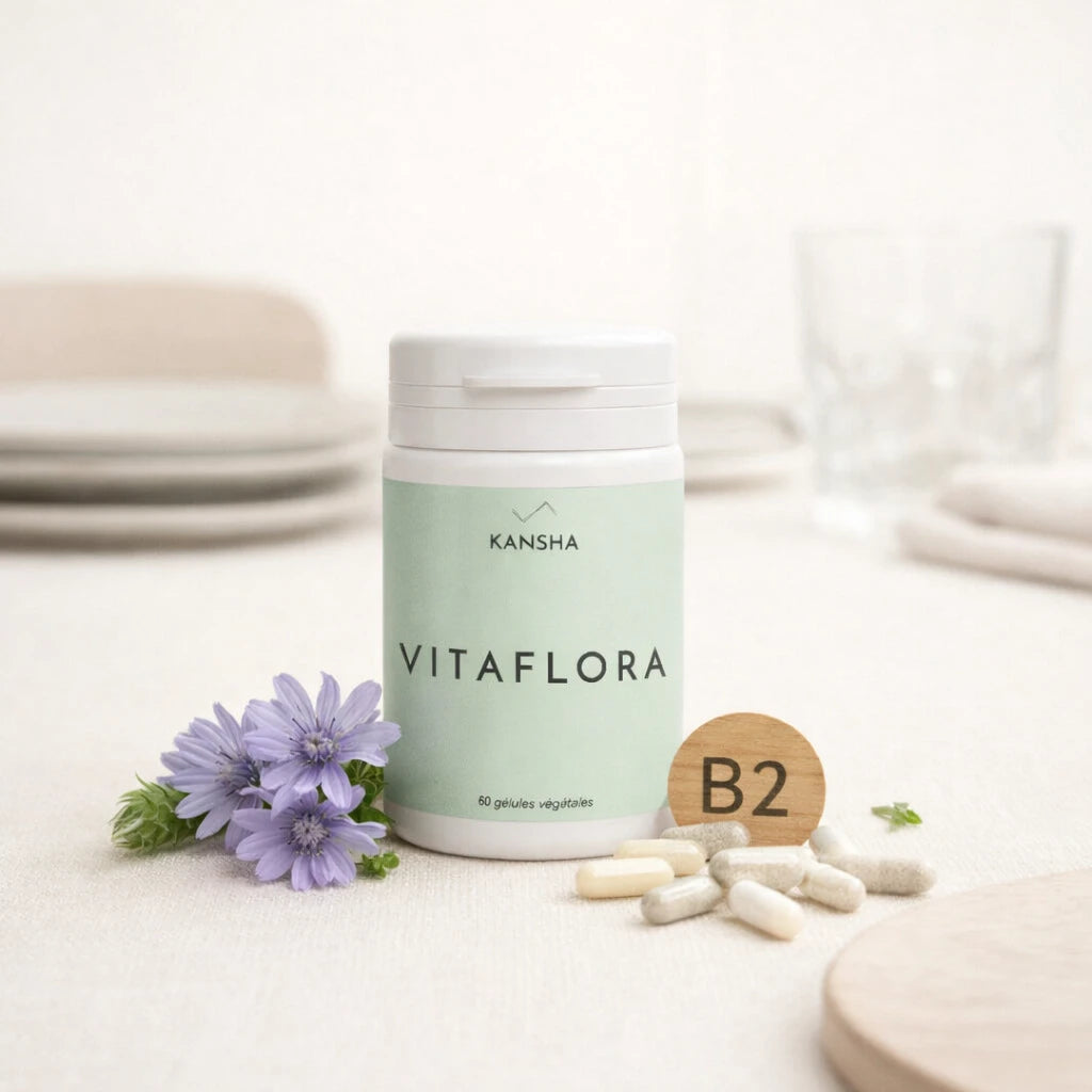 Complément alimentaire KANSHA VITAFLORA – probiotiques, prébiotique et vitamine B2 pour la flore intestinale, la digestion et le bien-être global