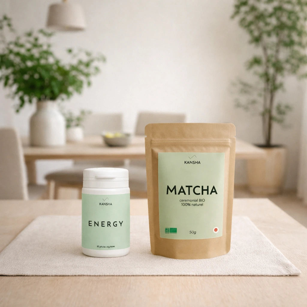 Compléments KANSHA ENERGY et MATCHA – association naturelle de vitamines, minéraux et thé vert bio pour l’énergie, la concentration et la vitalité