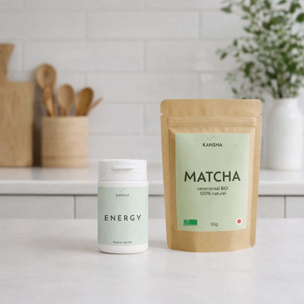 Compléments KANSHA ENERGY et MATCHA – association naturelle de vitamines, minéraux et thé vert bio pour l’énergie, la concentration et la vitalité