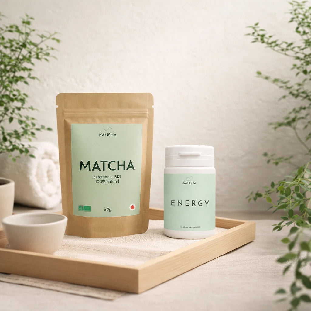 Compléments KANSHA ENERGY et MATCHA – association naturelle de vitamines, minéraux et thé vert bio pour l’énergie, la concentration et la vitalité