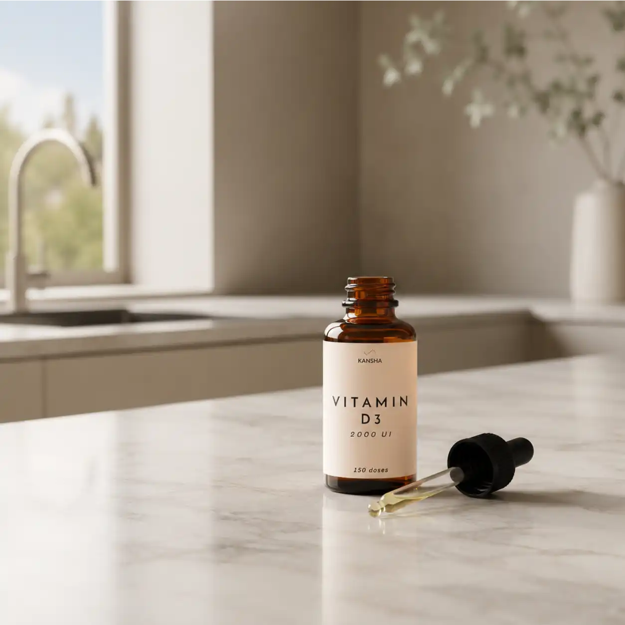 Pflanzliches Vitamin D3 KANSHA 2000 IE aus Flechten, in Tropfenform auf Basis von Bio-MCT-Öl.