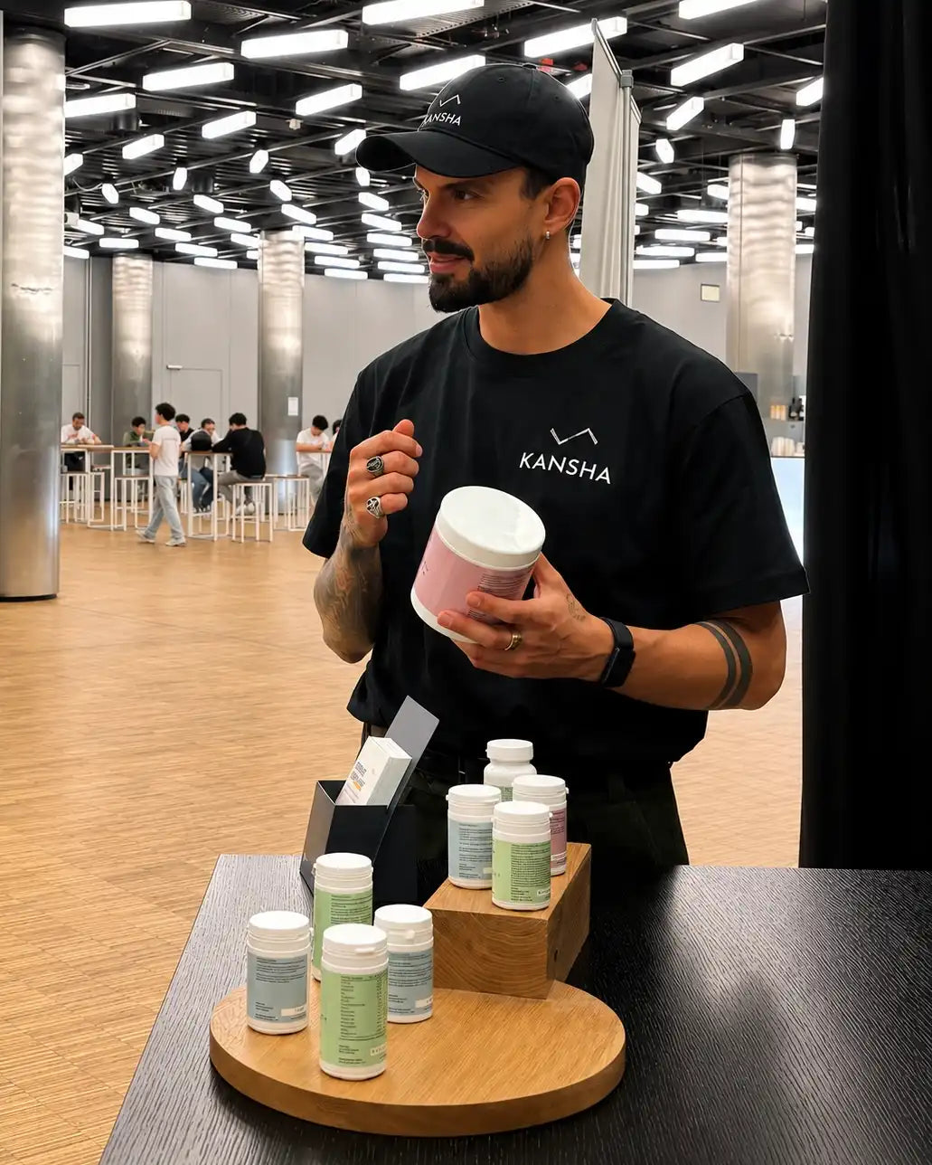 Mattia Tondo, fondateur de KANSHA sur le stand de Health'Up à Palexpo, Genève qui présente ses compléments alimentaires