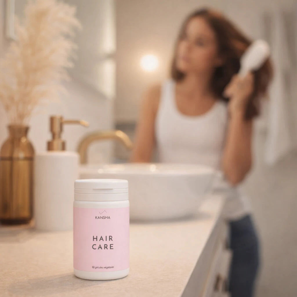 Complément alimentaire KANSHA HAIR CARE – roquette, myrtille, prêle, sélénium, acide folique, biotine, lysine et arginine pour la croissance et la fortification des cheveux