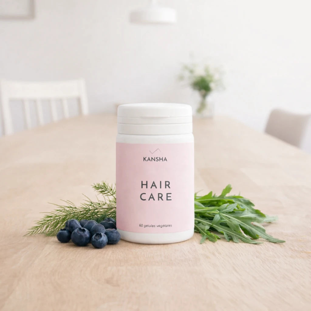 Complément alimentaire KANSHA HAIR CARE – roquette, myrtille, prêle, sélénium, acide folique, biotine, lysine et arginine pour la croissance et la fortification des cheveux
