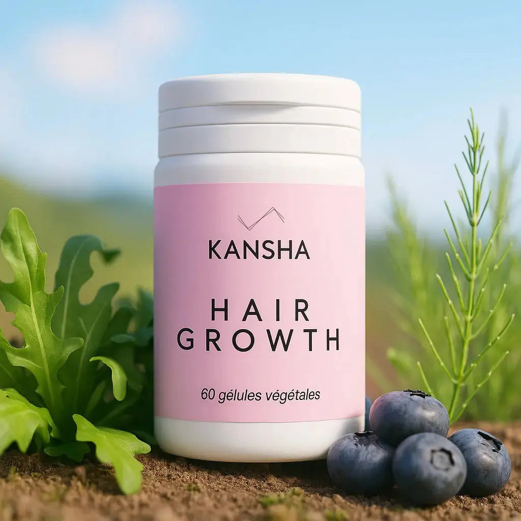 Complément alimentaire KANSHA HAIR GROWTH – roquette, myrtille, prêle, sélénium, acide folique, biotine, lysine et arginine pour la croissance et la fortification des cheveux