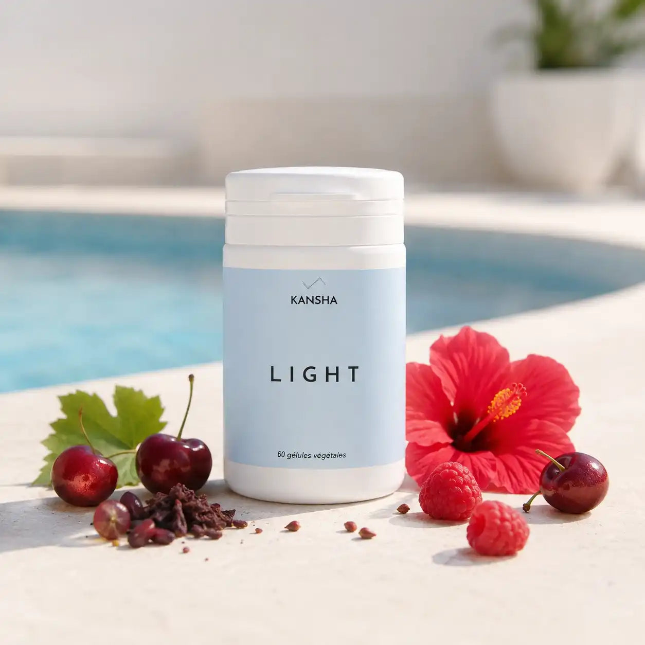 Complément alimentaire KANSHA LIGHT – queues de cerise, hibiscus, marc de raisin et framboise pour favoriser l’élimination et la légèreté corporelle