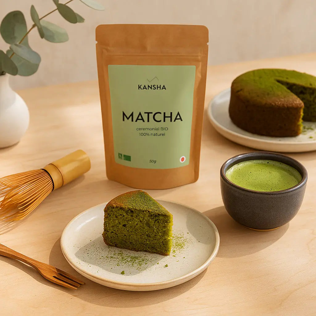 Thé vert bio KANSHA MATCHA – matcha 100 % pur issu de la première récolte Ichibancha au Japon, riche en antioxydants et idéal pour boissons et pâtisseries