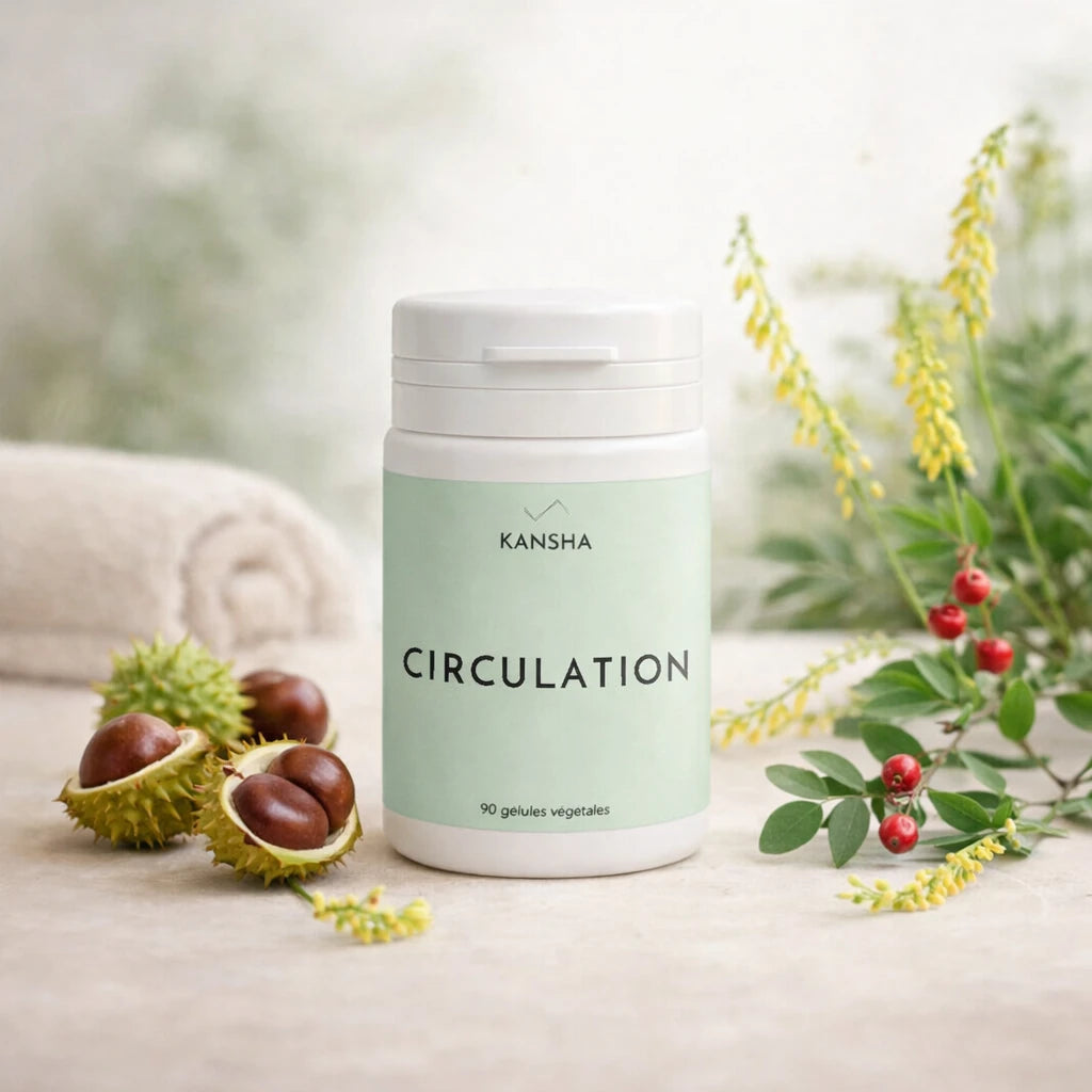Complément alimentaire KANSHA CIRCULATION – marron d’Inde, petit houx et mélilot pour soutenir la circulation sanguine et le confort des jambes